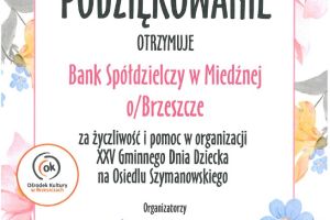 Podziękowania dla Banku Spółdzielczego w Miedźnej od Samorządu Osiedlowego nr 7  w Brzeszczach