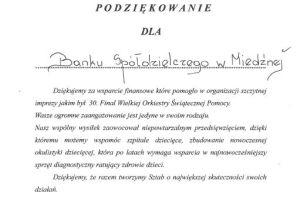 Podziękowania dla Banku Spółdzielczego w Miedźnej od Brzeszczańskiego Sztabu WOŚP