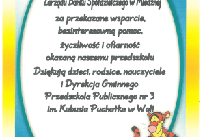 Podziękowania dla Banku Spółdzielczego w Miedźnej od Gminnego Przedszkola Publiczego nr 3 w Woli