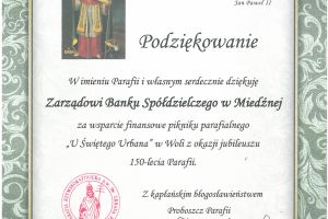 Podziękowania dla Banku Spółdzielczego w Miedźnej od Parafii Rzymskokatolickiej pw. św. Urbana w Woli