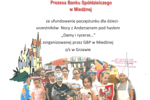 Podziękowania dla Banku Spółdzielczego w Miedźnej od Gminnej Biblioteki Publicznej w Grzawie