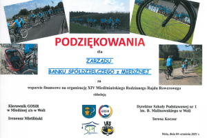 Podziękowania dla Banku Spółdzielczego w Miedźnej od Gminnego Ośrodka Sportu i Rekreacji w Woli