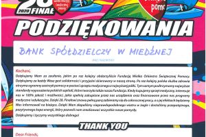 Podziękowania dla Banku Spółdzielczego w Miedźnej od Wielkiej Orkiestry Świątecznej Pomocy