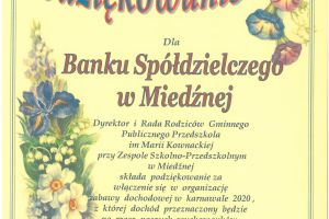 Podziękowania dla Banku Spółdzielczego w Miedźnej od Rady Rodziców Gminnego Publicznego Przedszkola w Miedźnej